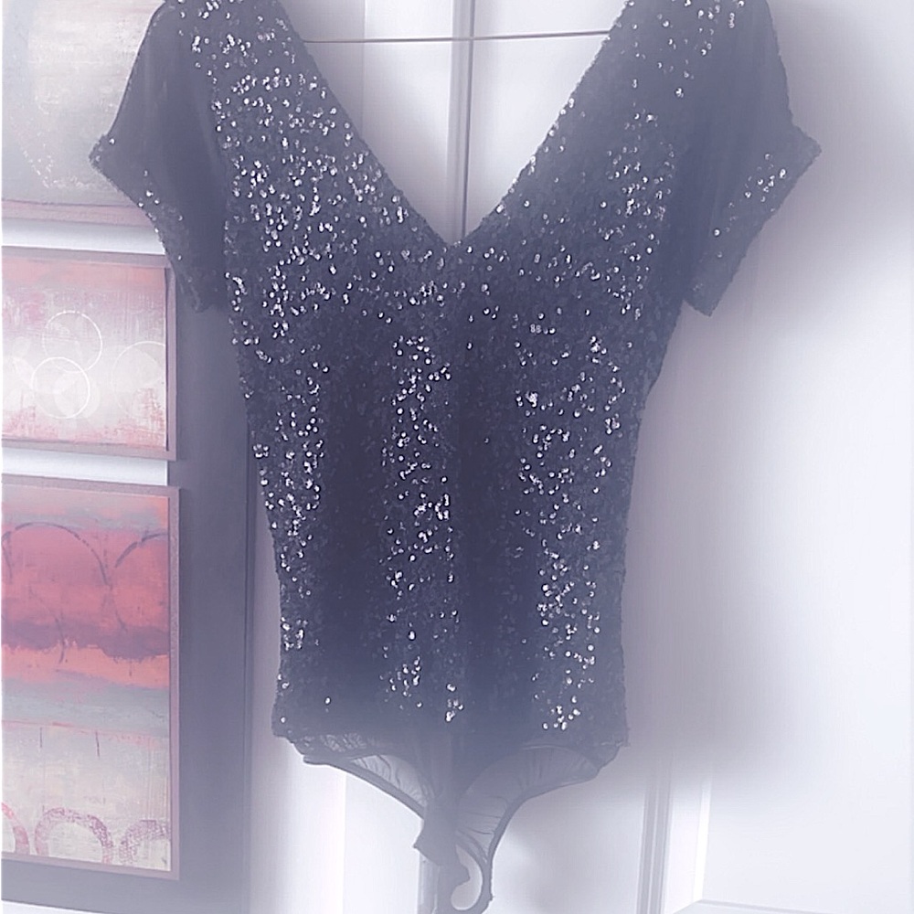Sexy Bebe Black Sequins Bodysuit with Plunging Kneckline